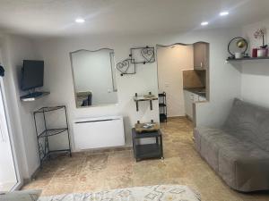 - un salon avec un canapé et deux miroirs dans l'établissement Appartement au calme et belle terrasse, à Peyroules