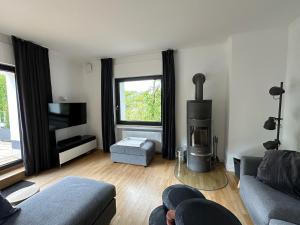 a living room with a couch and a fireplace at Villa Holgenbach - Penthouse- und Ferienwohnung im Nationalpark Eifel in Schleiden