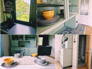a collage of four pictures of a kitchen with bowls and plates at Wyrki - Przestrzeń Rekreacyjna in Ćmińsk