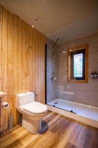 a bathroom with a toilet and a shower and a tub at Refugios Australes - Cerro Castillo - Carretera Austral - Patagonia in Villa Cerro Castillo +53 photos