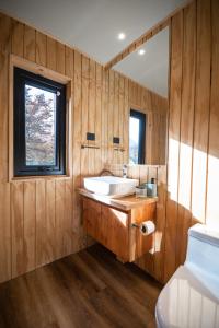 a bathroom with a sink and a mirror at Refugios Australes - Cerro Castillo - Carretera Austral - Patagonia in Villa Cerro Castillo