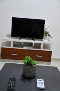 a living room with a tv on a entertainment center at Apartament Niko Shengjin 1 in Shëngjin