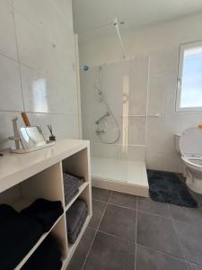 ein Badezimmer mit Dusche, Waschbecken und Toilette in der Unterkunft Villa 45 in Saint-Georges-de-Didonne + 17 Fotos