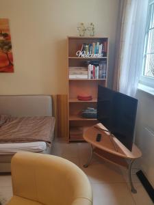 a room with a desk with a monitor and a bed at Lovely Souterrain Apartment in Solingen