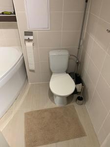 a small bathroom with a toilet and a bath tub at Your Home 16 with parking in Myslava