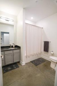 a bathroom with a sink and a toilet and a mirror at Wabi Sabi in Lawrence +25 photos