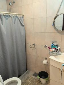 Un baño con ducha, inodoro y lavabo. en Casa quinta, en Carmen de Areco