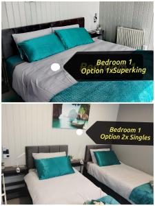 德比Peaceful garden guesthouse, Sleep 4, Parking, Private entrance, SuperFast Wifi的卧室里有一张床，上面有蓝白色的枕头