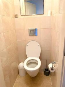 a small bathroom with a toilet and a mirror at Apartament Pod Pawiem in Olsztyn