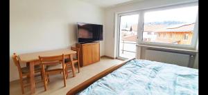 a bedroom with a bed and a table and a television at Ferienwohnungen Sonne in Siegsdorf
