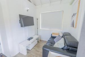 a living room with a couch and a flat screen tv at Belle's on Ballow - Kookaburra Lodge - Absolute Waterfront in Amity Point