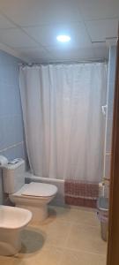 a bathroom with a toilet and a shower curtain at Apartamento calle Senado in Garrucha