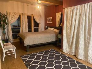 a bedroom with a bed and a rug at The Crestone Hideaway in Crestone