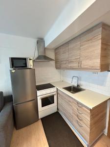 a kitchen with a stainless steel refrigerator and a sink at cozy apartment in Reykjavík