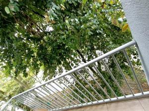 un banco de metal frente a un árbol en Confortable apartamento en Montenegro de 3 habitaciones, en Montenegro