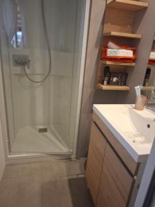 a bathroom with a shower and a sink at Mobil-hom in Lège-Cap-Ferret