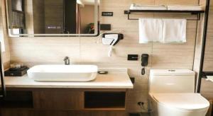 un baño con lavabo e inodoro en GreenTree Inn Shanxi Linfen Huozhou High-Speed Railway Station, en Huozhou