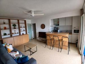 un salon avec un canapé et une cuisine avec une table dans l'établissement Agréable T2 a 3mn de la mer parking wifi, à Six-Fours-les-Plages