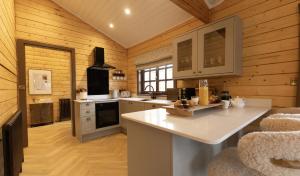a kitchen with wooden walls and a counter in a room at St Hildas Complex in Hinderwell