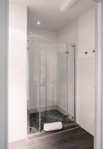 サン・テミリオンにあるDemeure des Girondinsのバスルーム(ガラス張りのシャワー、タオル付)