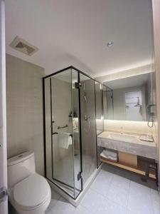 a bathroom with a shower and a toilet and a sink at Jinjiang Inn Haikou Jinjiuling Park Branch in Haikou