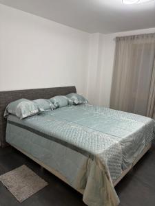 a bedroom with a bed with a blue comforter and pillows at Moderne Ferienwohnung Sonnenbühl in Singen