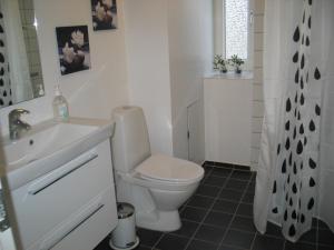 a white bathroom with a toilet and a sink at Aalborg City Rooms ApS in Aalborg