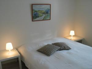 a bed with a pillow and two lamps on two tables at Aalborg City Rooms ApS in Aalborg