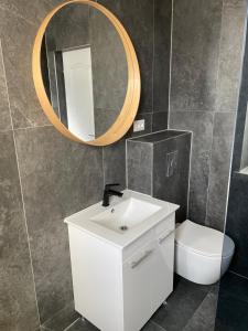 a bathroom with a white sink and a mirror at Apartament Tei in Gura Humorului