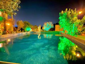 a swimming pool at night with green lights at בוסתן החורש in Haifa