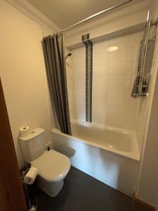a bathroom with a white toilet and a bath tub at Apt 7 Cathedral & River view in Norwich