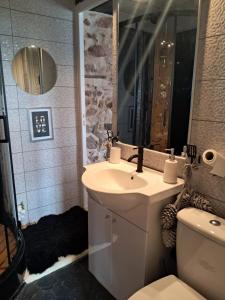 a bathroom with a sink and a toilet and a mirror at Le Lodge Serene Self Catering in Bures-les-Monts +15 photos