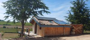 a small house with a solar roof and a tree at Cabane Wood & Spa in Chasselay