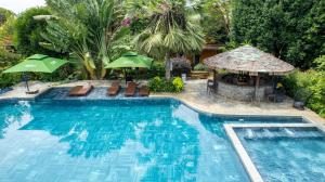 a large swimming pool with chairs and umbrellas at Greenfield Farmstay Vung Tau in Ba Ria