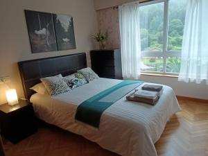 a bedroom with a large bed with a large window at Marusia in Viveiro