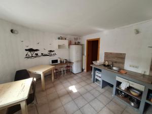 a kitchen with a sink and a table and a refrigerator at A&L private rooms in Kaunas in Kaunas