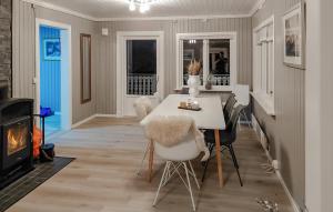 a dining room with a table and chairs and a fireplace at 4 Bedroom Beautiful Home In Fyresdal in Fyresdal