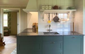 a kitchen with blue cabinets and a sink at 1 Bedroom Amazing Home In Mörlunda in Mörlunda
