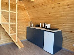 a kitchen in a log cabin with a counter and a ladder at Dino Twins Cottages in Kutaisi
