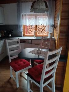 a kitchen with a table and chairs in a kitchen at NEU Blockbohlenhaus Koserow 600 Meter zum Strand in Ostseebad Koserow