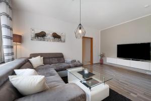 a living room with a couch and a flat screen tv at Ferienwohnung Wilma Spetzerfehn in Großefehn 