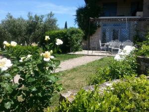 um jardim com rosas, uma mesa e cadeiras em Casale Cacciata Grande Elisa em Pescia Romana