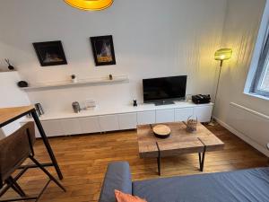 a living room with a couch and a tv at Le Saint André Hyper centre ville in Saint-Quentin