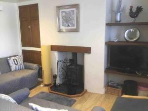 a living room with a fireplace and a tv at No 3 Mill Cote Cottage in Kingsbridge +2 photos
