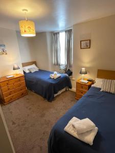 a bedroom with two beds and a window and two lamps at No 3 Mill Cote Cottage in Kingsbridge