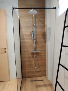 a shower in a bathroom with a wooden wall at Fani House in Kallithea Halkidikis