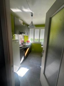 cocina con paredes verdes y nevera blanca en Joli T2 proche de la gare, en Clermont-Ferrand