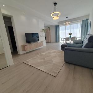 a living room with a couch and a television at Tonfano Waterfront Penthouse in Marina di Pietrasanta