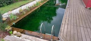 una piscina di acqua verde accanto a un ponte di legno di Maison du sentier du littoral a Gujan-Mestras