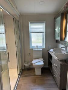 une salle de bain avec toilettes, lavabo et fenêtre dans l'établissement Oakmont 4 - Lodge with Hot Tub, à Allerthorpe